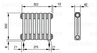 Схема (чертеж) Радиатор Zehnder Charleston 2030/7 №5310 Белый глянцевый RAL 9016